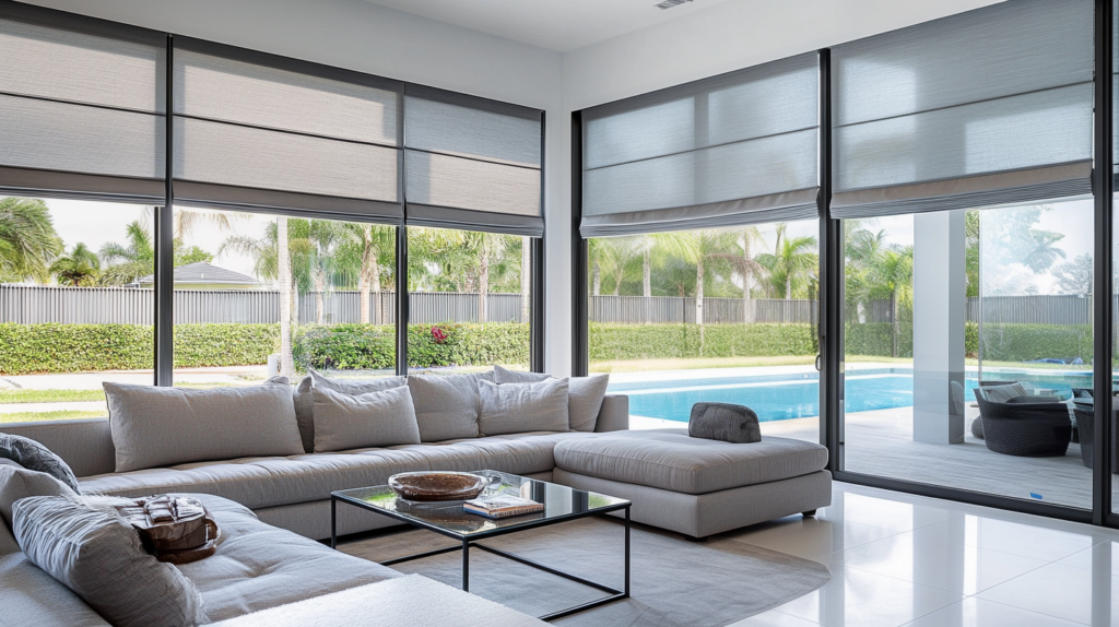 Modern living room in Boca Raton with light-filtering grey Roman Shades partially drawn to diffuse natural light.