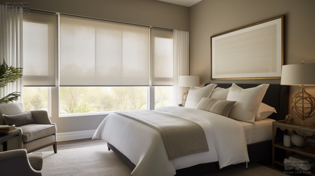Screen Roller Shades in a Palm Beach Gardens master bedroom, filtering sunlight for a luxurious ambiance.
