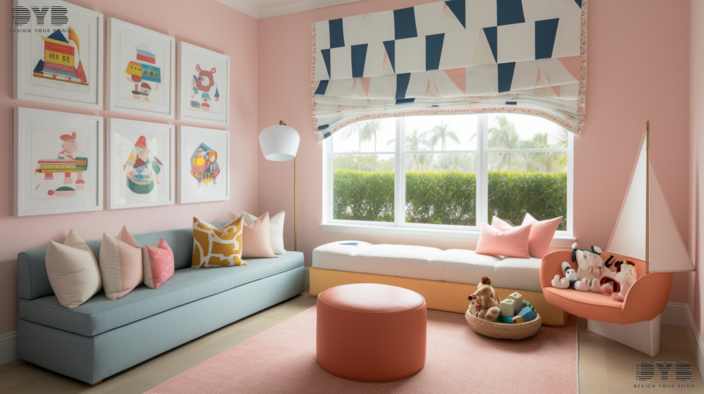 Screen Roller Shades in a Palm Beach Gardens playroom, creating a playful and engaging atmosphere.