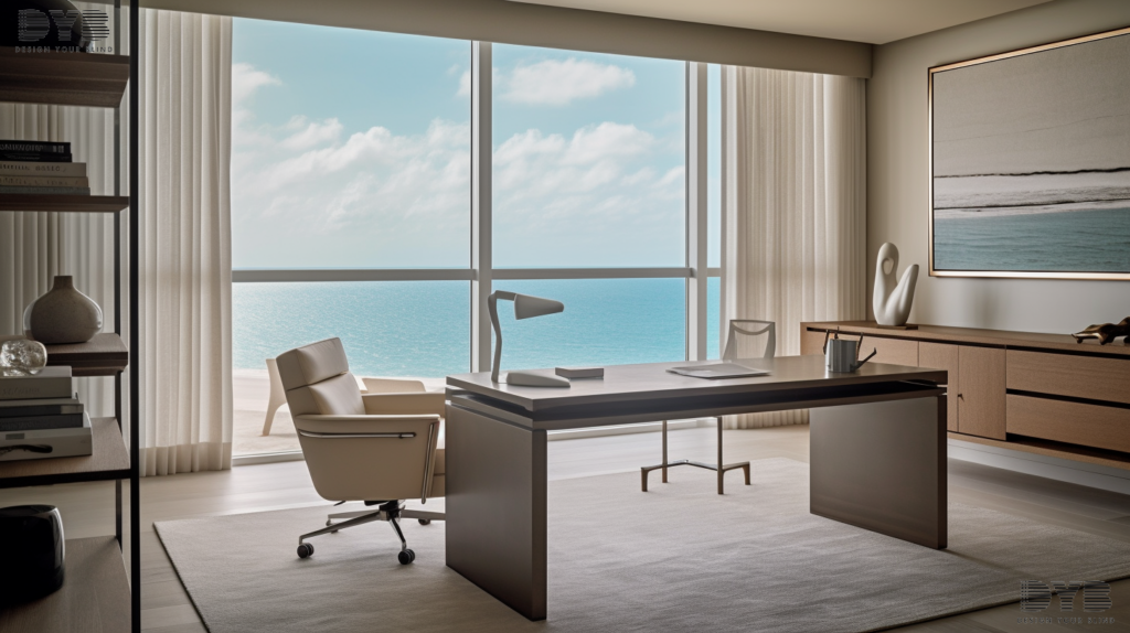 Screen Roller Shades in a minimalist home office, creating a tranquil and inspiring workspace.