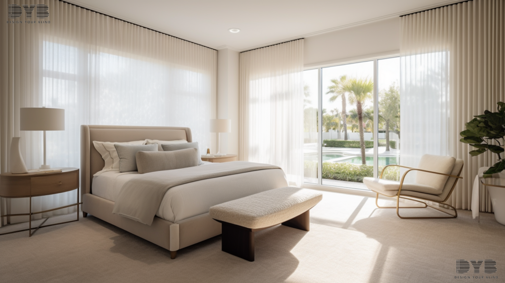 Screen Roller Shades in a Palm Beach Gardens bedroom, creating a peaceful and restful retreat.
