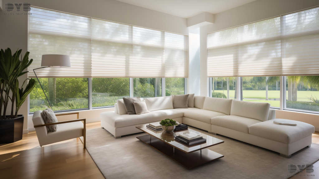 Screen Roller Shades in a Palm Beach Gardens living room, creating a modern and stylish ambiance.