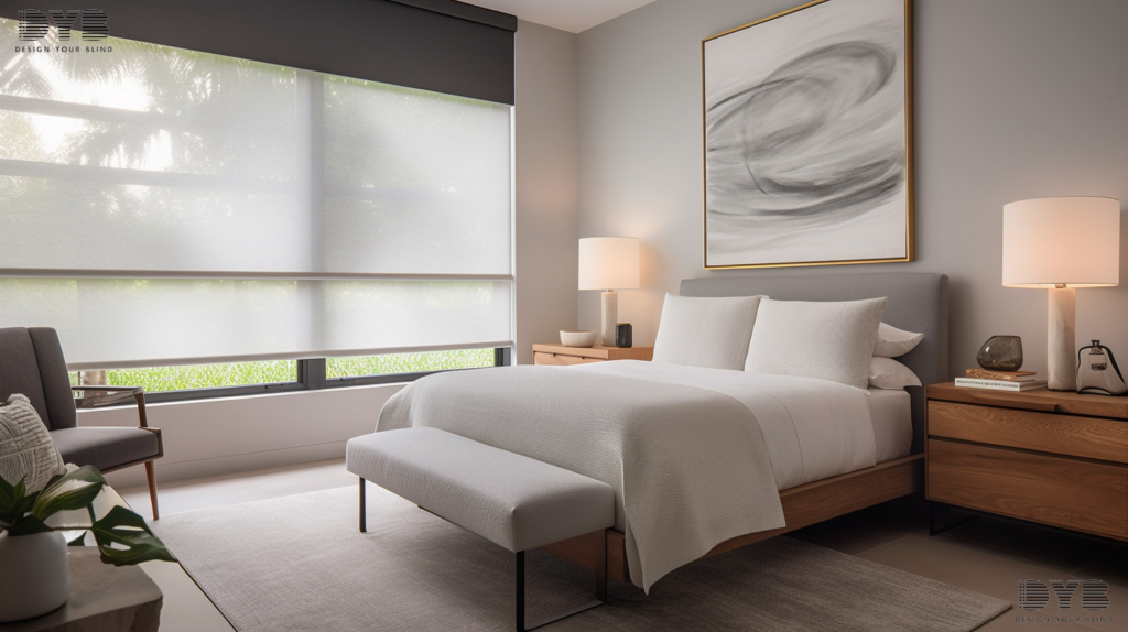 Screen Roller Shades in a Palm Beach Gardens guest bedroom, providing a modern and stylish touch.