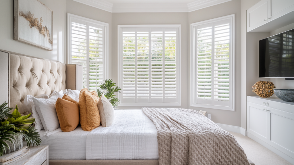 Serene bedroom in Boynton Beach featuring plantation shutters on bay windows for soft light diffusion.