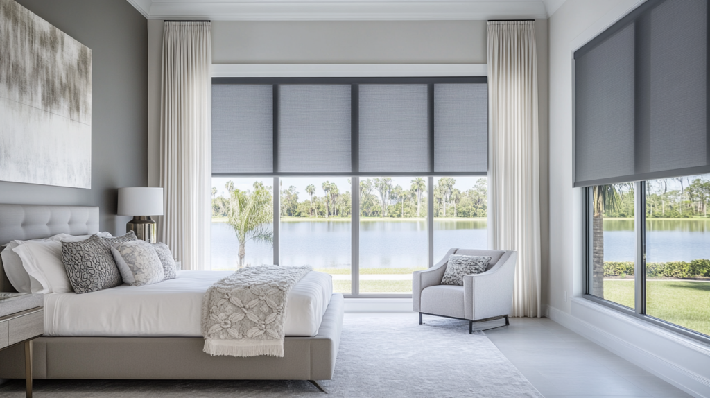 Serene master bedroom in West Palm Beach, FL, with fully closed Motorized Blackout Shades for restful sleep.
