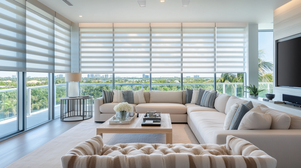 Spacious living room in Boca Raton with motorized Zebra Shades offering adjustable light filtering.
