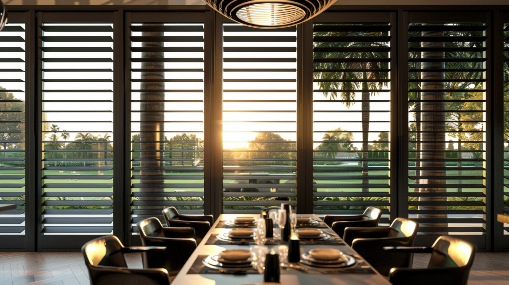 Stylish dining area in West Palm Beach featuring plantation shutters on tall windows overlooking a park.