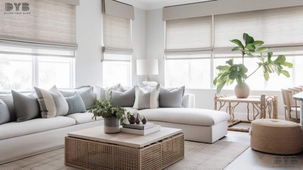 Medium-close-up of a window with motorized Roller Shades in a coastal-inspired family room in Delray Beach, Florida