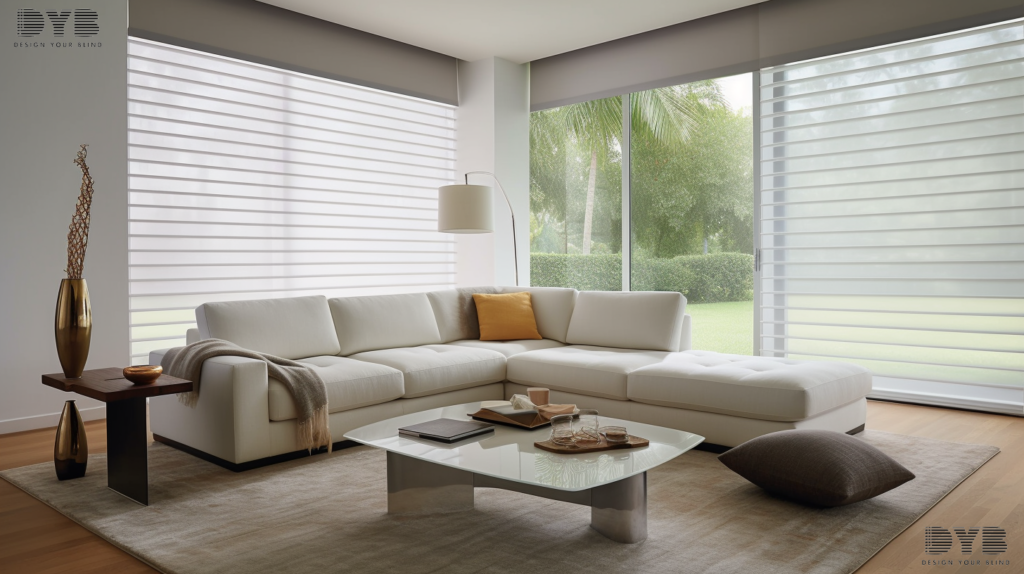 Hunter Douglas Silhouette Shades in a modern living room in Delray Beach, Florida. The shades filter the sunlight, creating a soft, diffused light. The room is decorated with modern furniture and a contemporary sculpture.