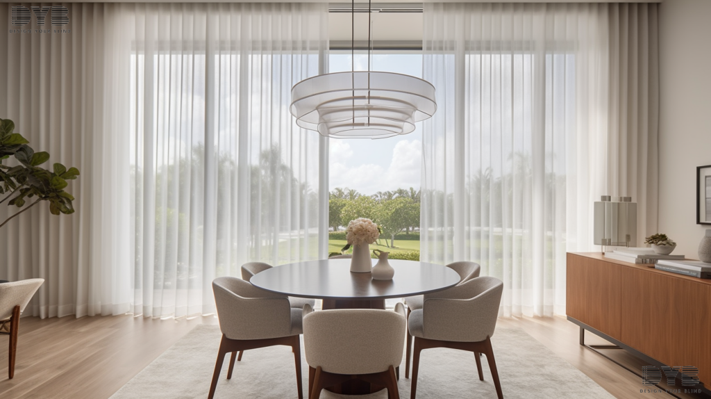 Sheer curtains in a Farmhouse Modern dining room in West Palm Beach, FL.