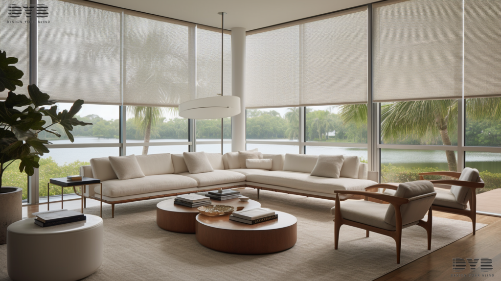 Screen Roller Shades in a modern living room in West Palm Beach, Florida.