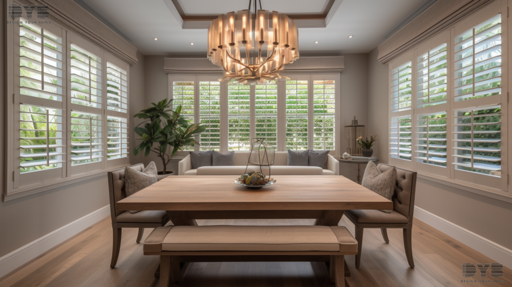 Motorized Hunter Douglas Pirouette Shades in a cozy dining room in Delray Beach, Florida. The shades are partially open, allowing soft, diffused light into the room. The room is furnished with a rustic wooden dining table and comfortable upholstered chairs.