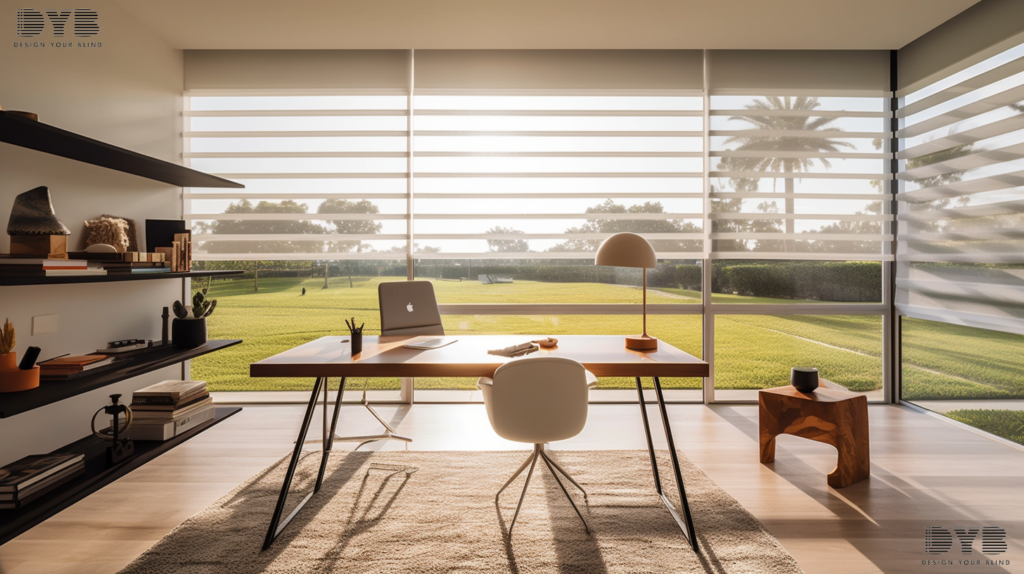 Motorized Hunter Douglas Solar Shades in a minimalist home office in Delray Beach, Florida. The shades are partially closed, filtering the sunlight and creating a bright and productive workspace.