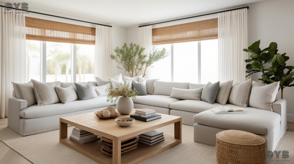 Sheer curtains and Hunter Douglas Designer Banded Shades create a beautiful interplay of light and texture in this Delray Beach family room, creating a breezy, coastal ambiance. The room is furnished with coastal-inspired furniture and a seashell sculpture.