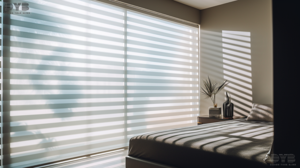 Close-up of a window with motorized Hunter Douglas Silhouette Shades in a modern master bedroom in Boca Raton, Florida
