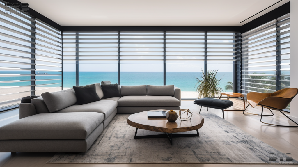 Mid-range view of a living room in Parkland, Florida, with Zebra Shades framing an ocean view
