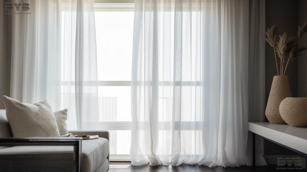 Close-up of a window with sheer curtains in a coastal-inspired living room in Delray Beach, Florida
