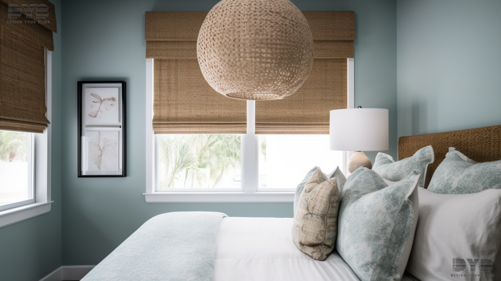 Woven Wood Roman Shades create a warm and inviting atmosphere in this cozy guest bedroom in Delray Beach, Florida. The shades are partially closed, filtering the sunlight and creating a soft glow. The room is furnished with a plush bed, nightstands, and a seating area.
