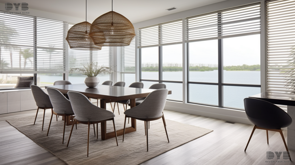 Woven Wood Shades in an Urban Modern dining room in West Palm Beach, FL.