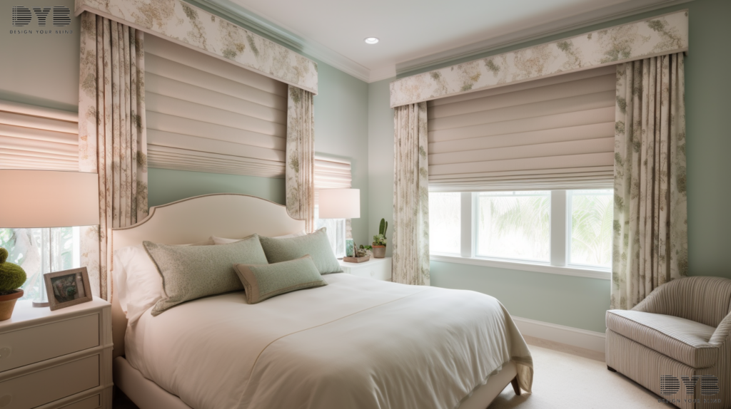 Blackout curtains in a coastal-style guest bedroom in Delray Beach, FL, featuring a garden view.