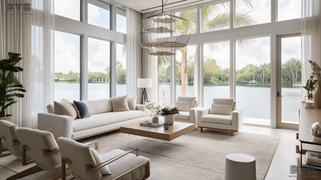 Bright and open family room in Delray Beach, Florida, with motorized Solar Shades on windows framing the Intercoastal Waterway view and coastal-inspired furniture.