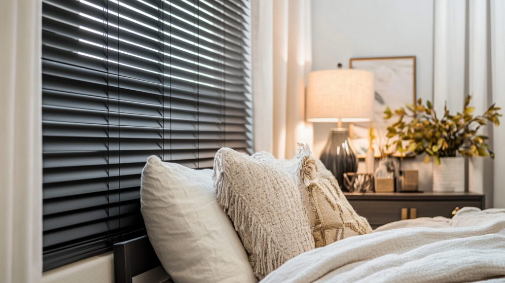 Cozy guest bedroom in Boca Raton with black ash wood blinds on a small window for light control and contrast.