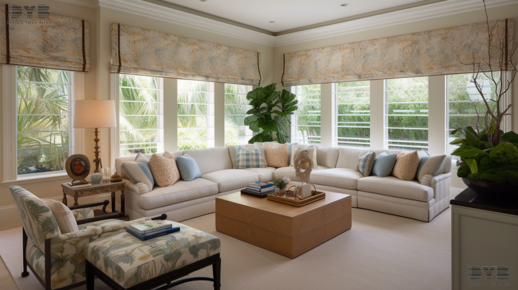 A formal living room in Palm Beach Gardens with motorized Roller Shades, a comfortable sectional sofa, an elegant coffee table, and a stylish side table.