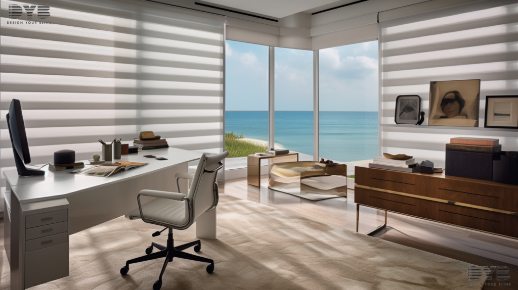 A home office in Palm Beach Gardens with a large window overlooking the ocean, a desk, an ergonomic chair, and a modern bookshelf with Roller Shades, a plant, and a sculpture on the desk.