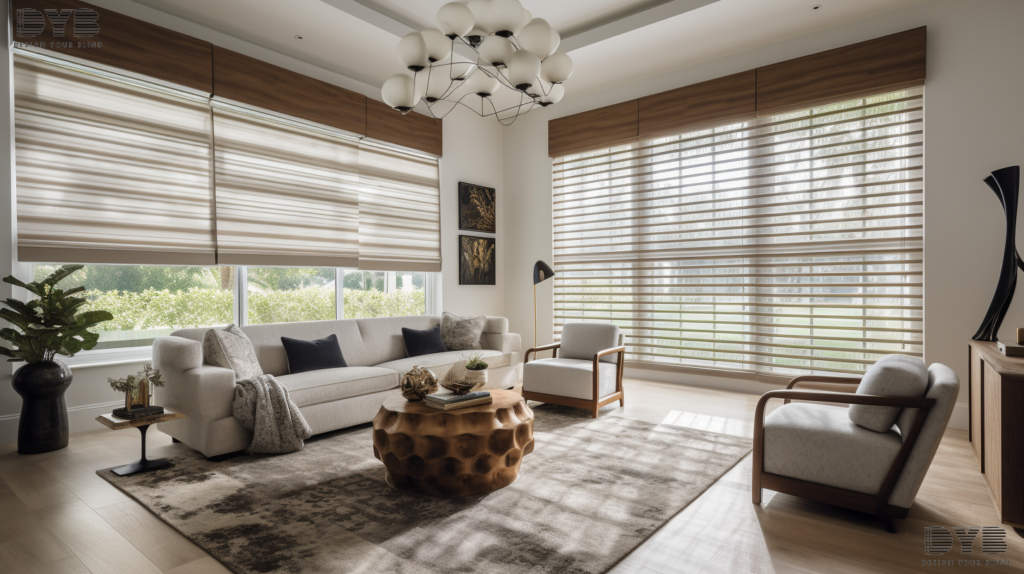 A Parkland, FL formal living room with Zebra Shades, overlooking a golf course.