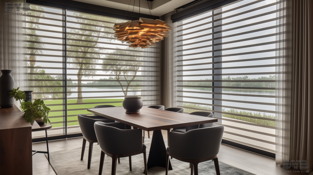 Hunter Douglas Silhouette Shades in a transitional dining room in Parkland, FL, featuring Ethan Allen furniture and a lake view.