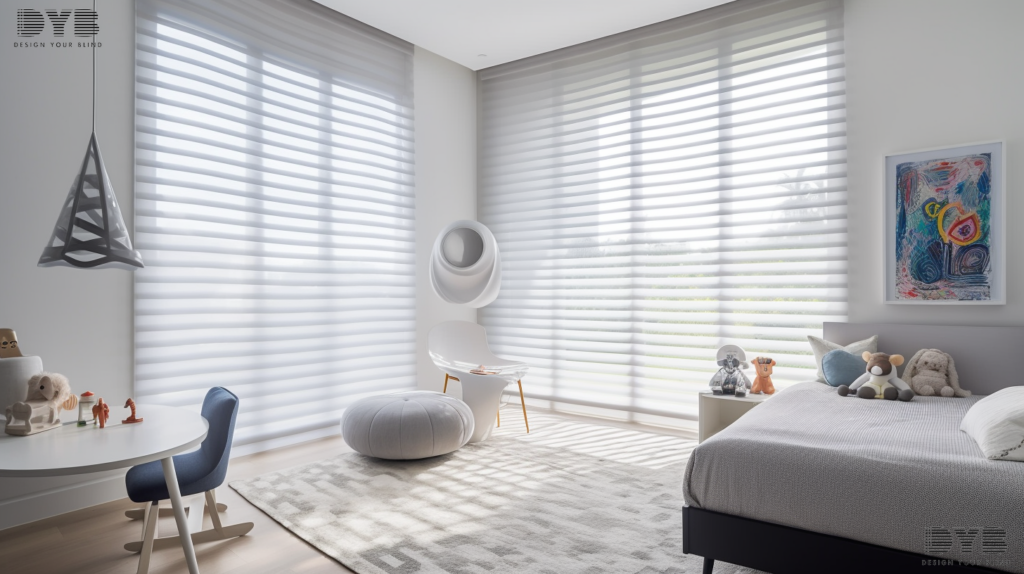 A kids bedroom with a view of a garden featuring Cellular Shades and Restoration Hardware furniture in Lighthouse Point.