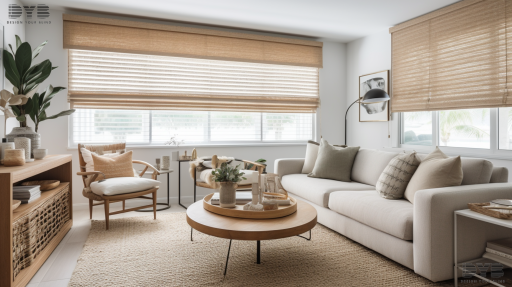 A family room with a view of a backyard with a pool featuring Cellular Shades and Arhaus furniture in Lighthouse Point.