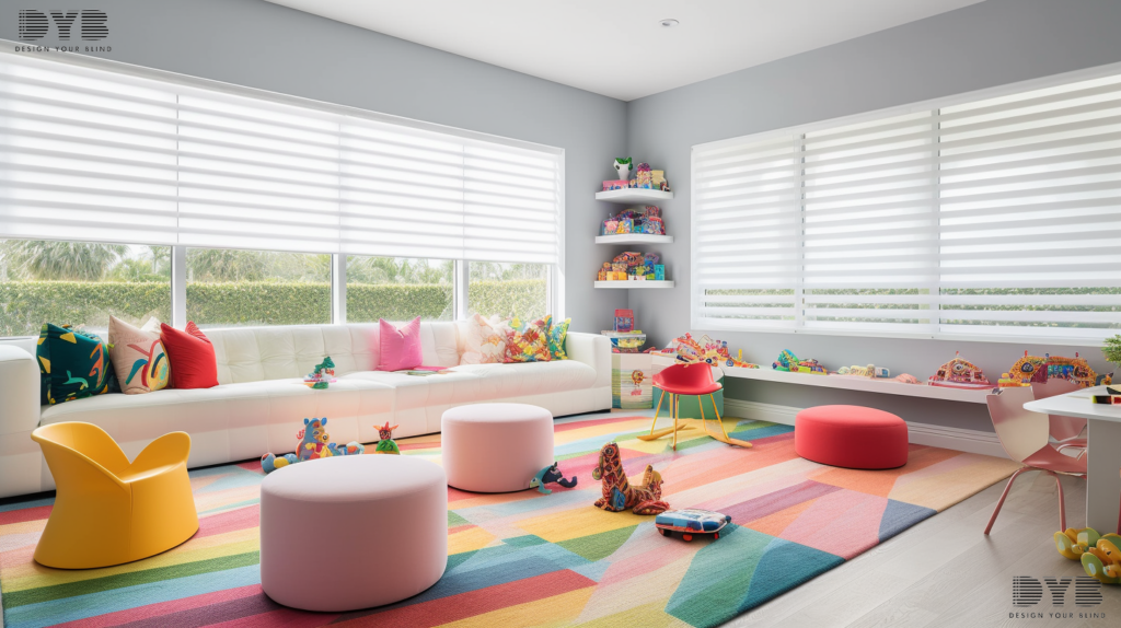A playroom with a view of a backyard pool featuring Cellular Shades and Ethan Allen furniture in Lighthouse Point.