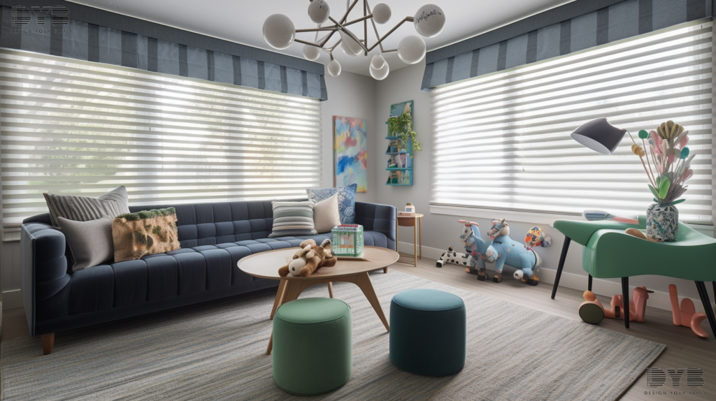 A playroom featuring Cellular Shades and Arhaus furniture in Lighthouse Point.