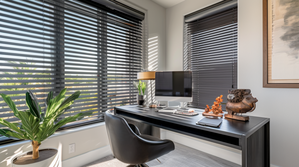 Modern home office in Boca Raton featuring horizontal metal mini blinds on a small window for light control.