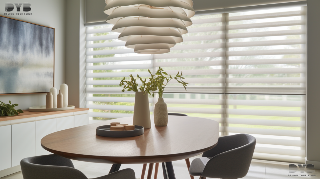 A Palm Beach Gardens dining room with Roller Shades, a large round dining table with chairs, and a sideboard with a contemporary sculpture on top.