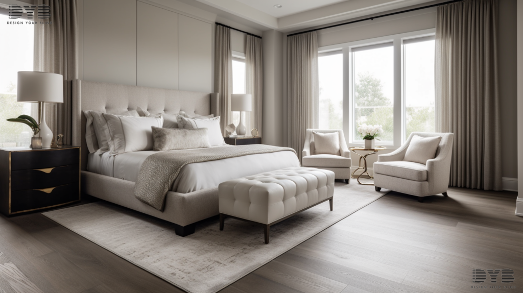 Serene master bedroom in Parkland, Florida, with elegant blackout curtains, contemporary furnishings, and a peaceful lake view.