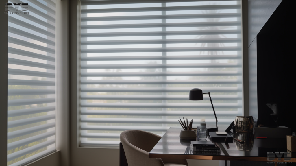 Close-up of motorized Hunter Douglas Silhouette Shades in a modern home office in Boca Raton, Florida, with contemporary furniture and neutral color palette.
