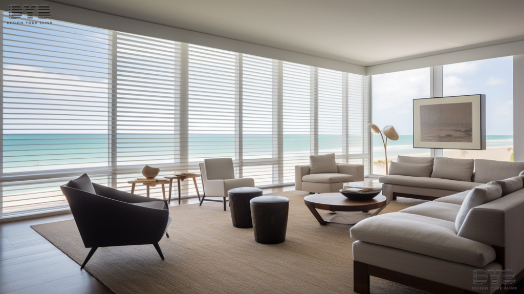 Woven Wood Shades in a modern playroom in Parkland, FL, featuring Crate & Barrel furniture and an intercoastal waterway view.