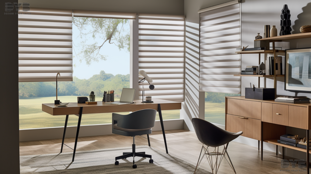 A Parkland, FL home office with Zebra Shades, featuring ocean views.