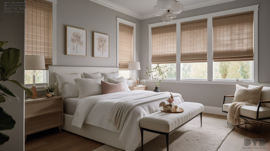 A farmhouse modern guest bedroom in Boynton Beach, FL featuring Woven Wood Shades for a cozy and serene atmosphere.