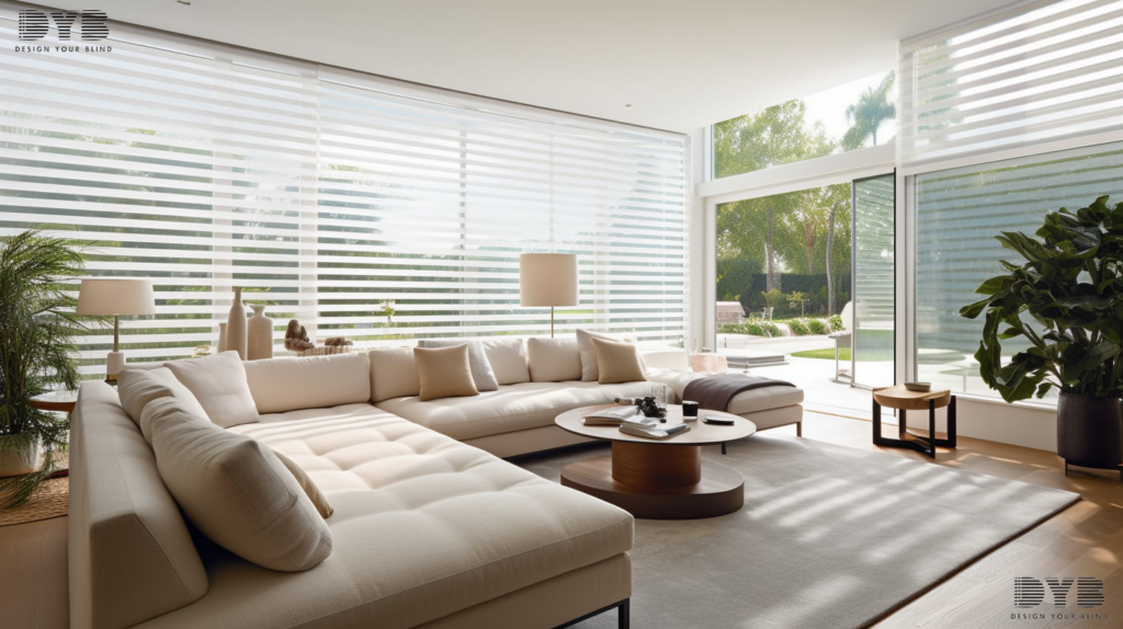 A coastal living room with Pirouette Shades, offering a comfortable and stylish living experience in Boynton Beach, FL.