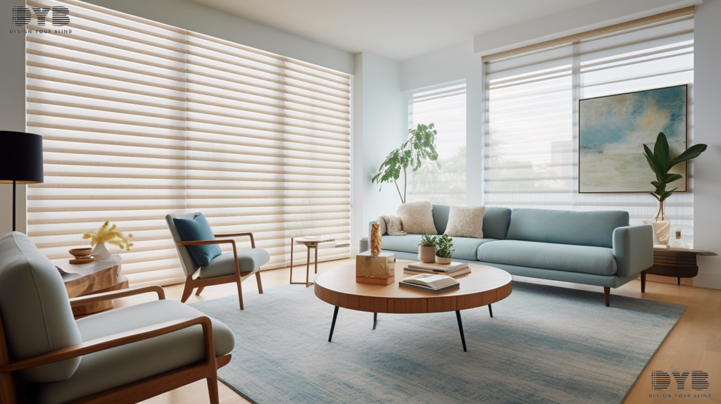 A living room with a view of the Intercoastal Waterway, featuring Woven Wood Shades.
