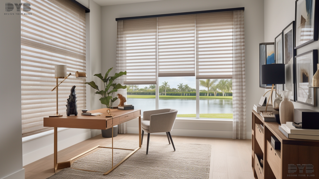 A home office featuring Woven Wood Shades.