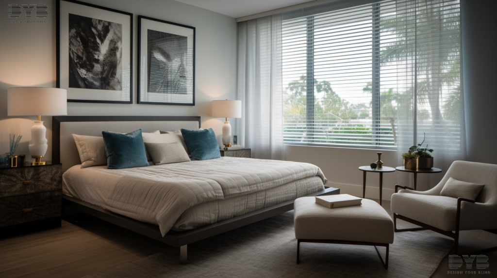 Hunter Douglas Silhouette Shades in a West Palm Beach guest bedroom with canal views.