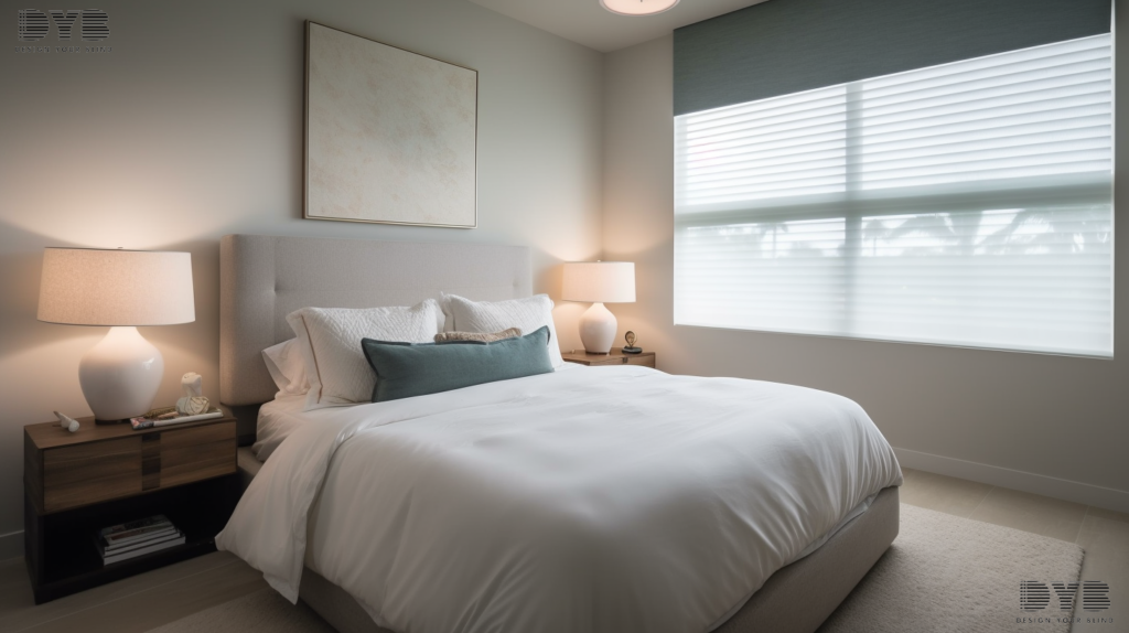 An urban modern guest bedroom in Boynton Beach, FL featuring Hunter Douglas Honeycomb Shades, adding a touch of luxury and comfort.