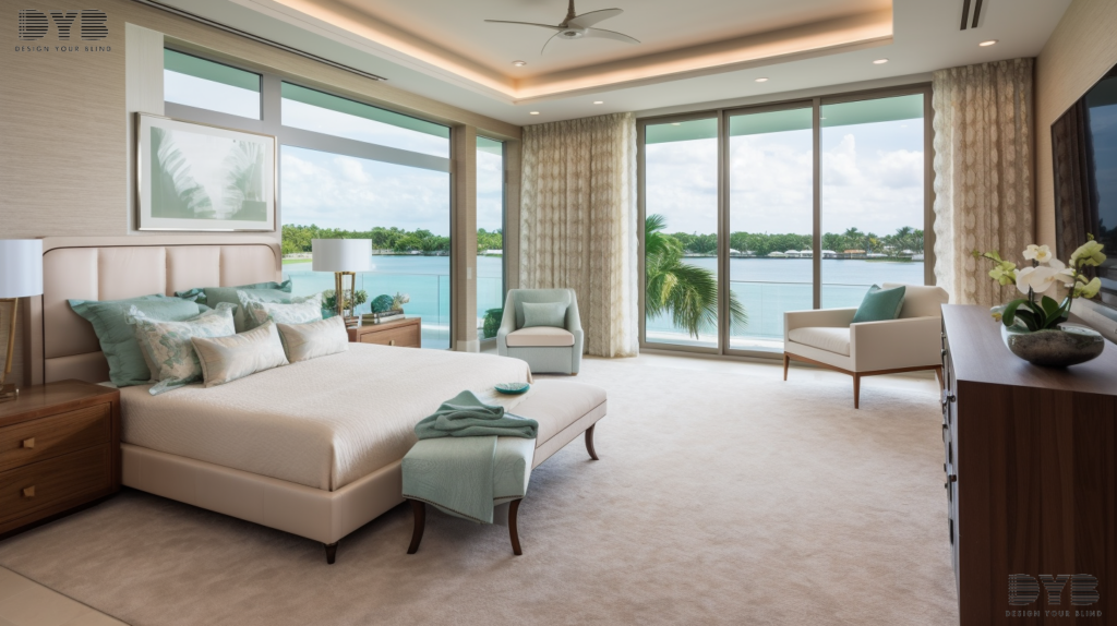 Solar Roller Shades in a Palm Beach Gardens master bedroom with Intercoastal Waterway views.