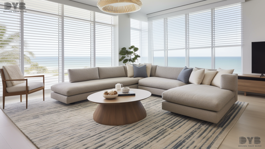 Woven Wood Shades in a Parkland living room with ocean views.