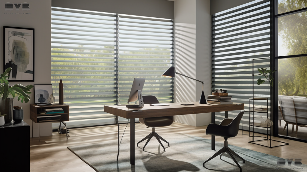 A home office in West Palm Beach with Silhouette Shades, a desk, and a view of a backyard with a pool.