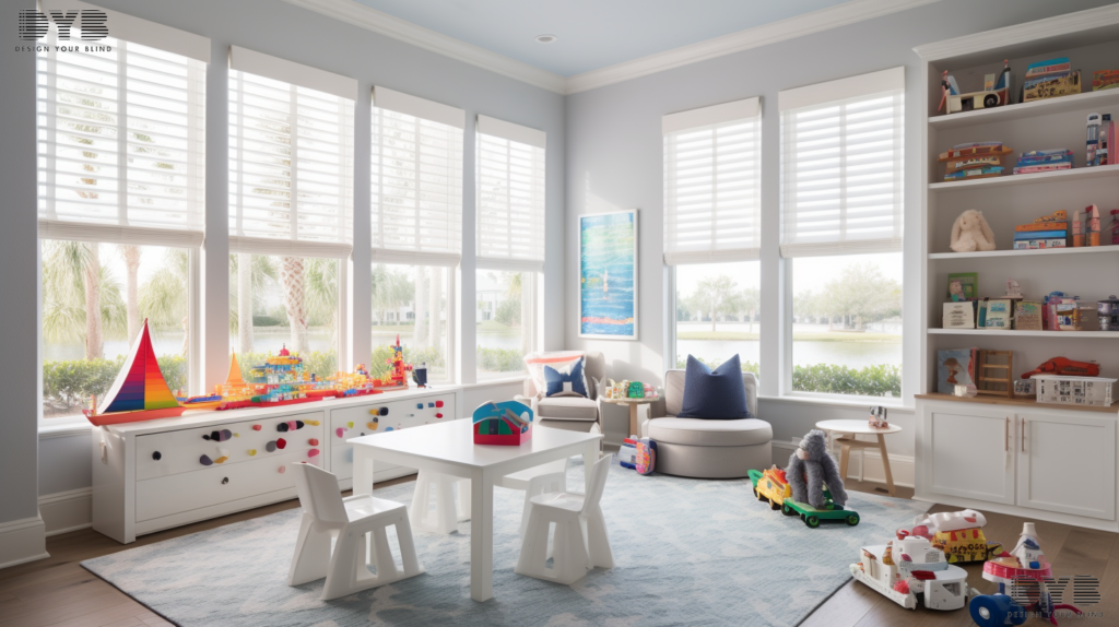 A playroom in West Palm Beach with Silhouette Shades, colorful toys, and a view of the Intercoastal Waterway.